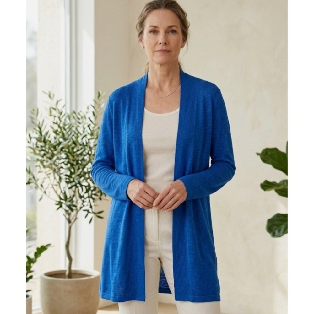 EILEEN FISHER Organic Linen Blend Open Cardigan Royal Blue Long Sleeve Sz S